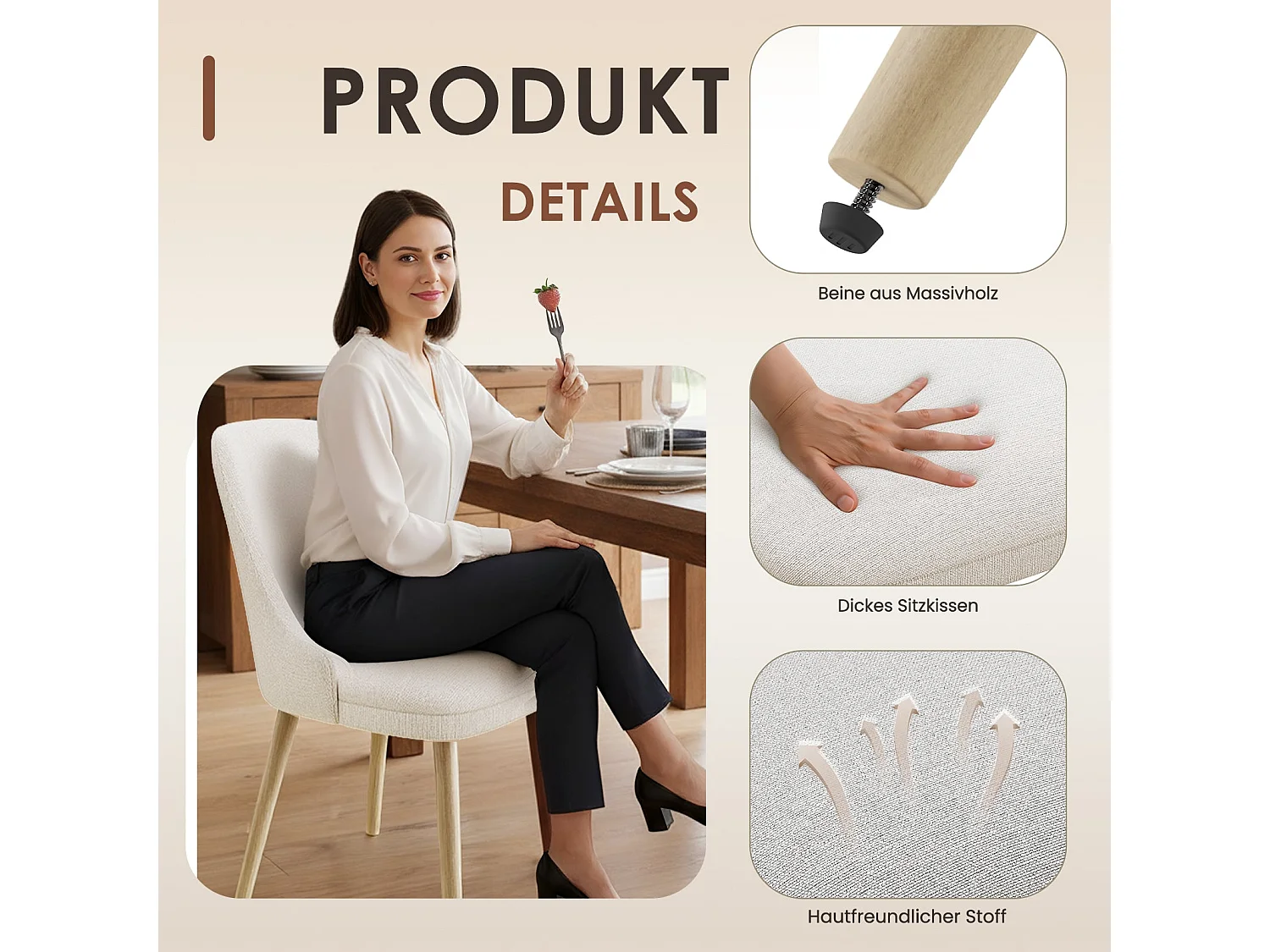 Lot de 2 Chaises de Salle à Manger Haut Dossier – Style Vintage Chic, Assise Confortable, Idéales pour Cuisine et Salle à Manger – beige