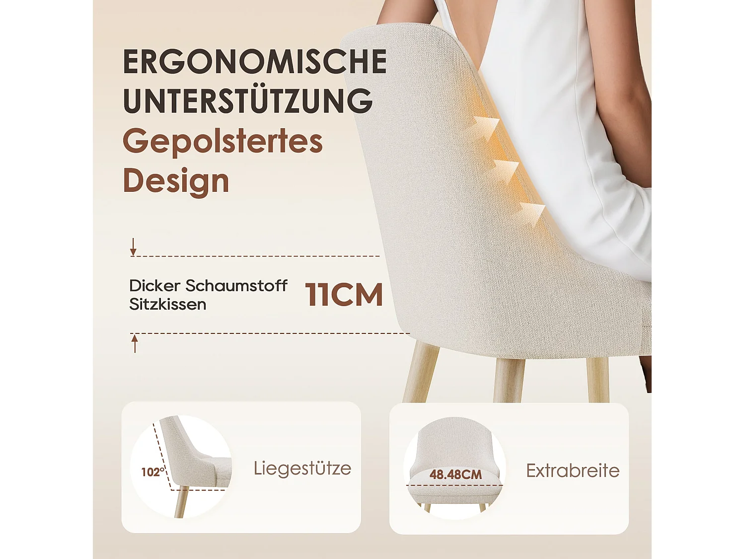 Lot de 2 chaises de salle à manger, dossier haut rembourré, pieds en bois - Beige