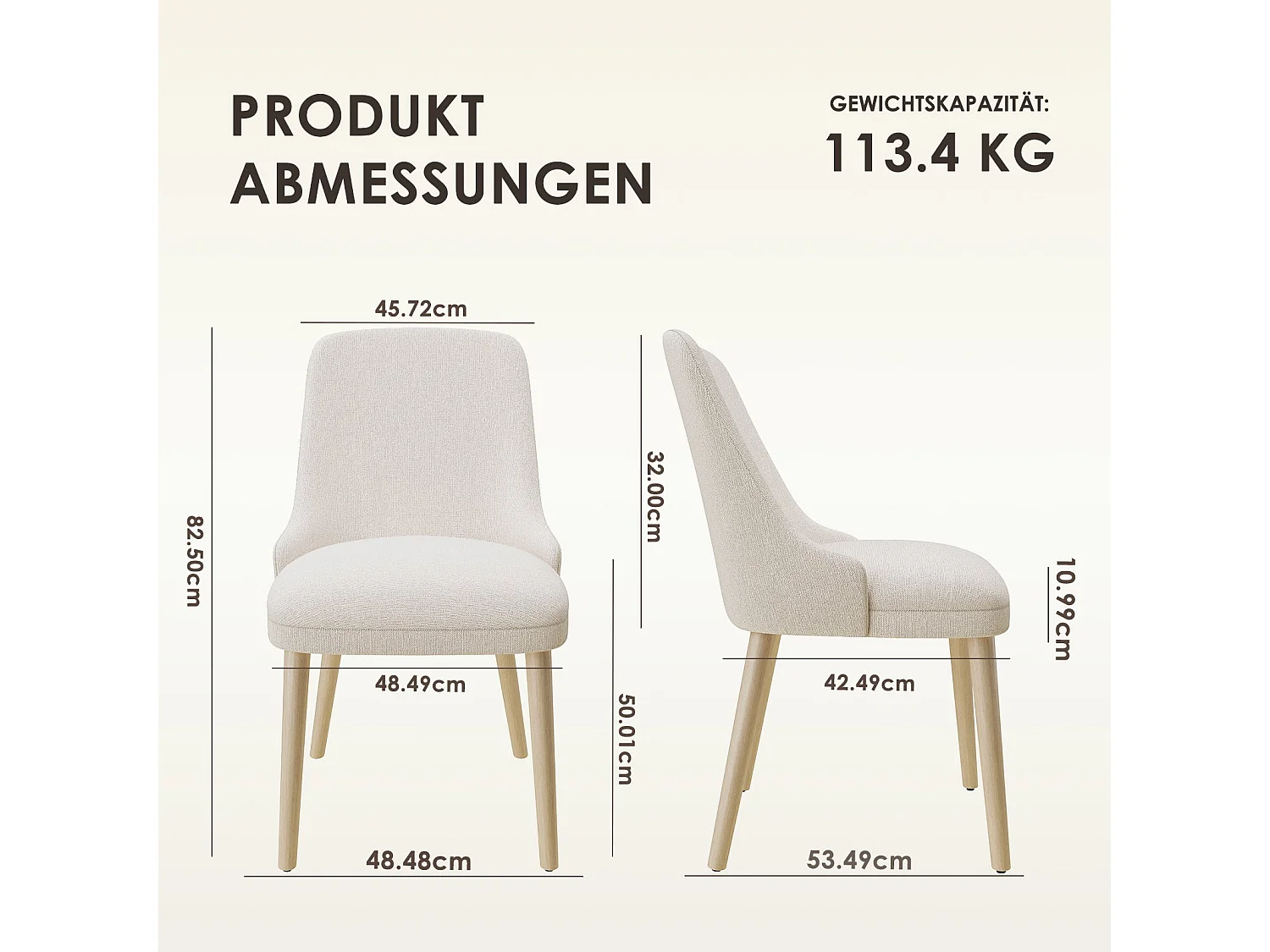 Lot de 2 chaises de salle à manger, dossier haut rembourré, pieds en bois - Beige