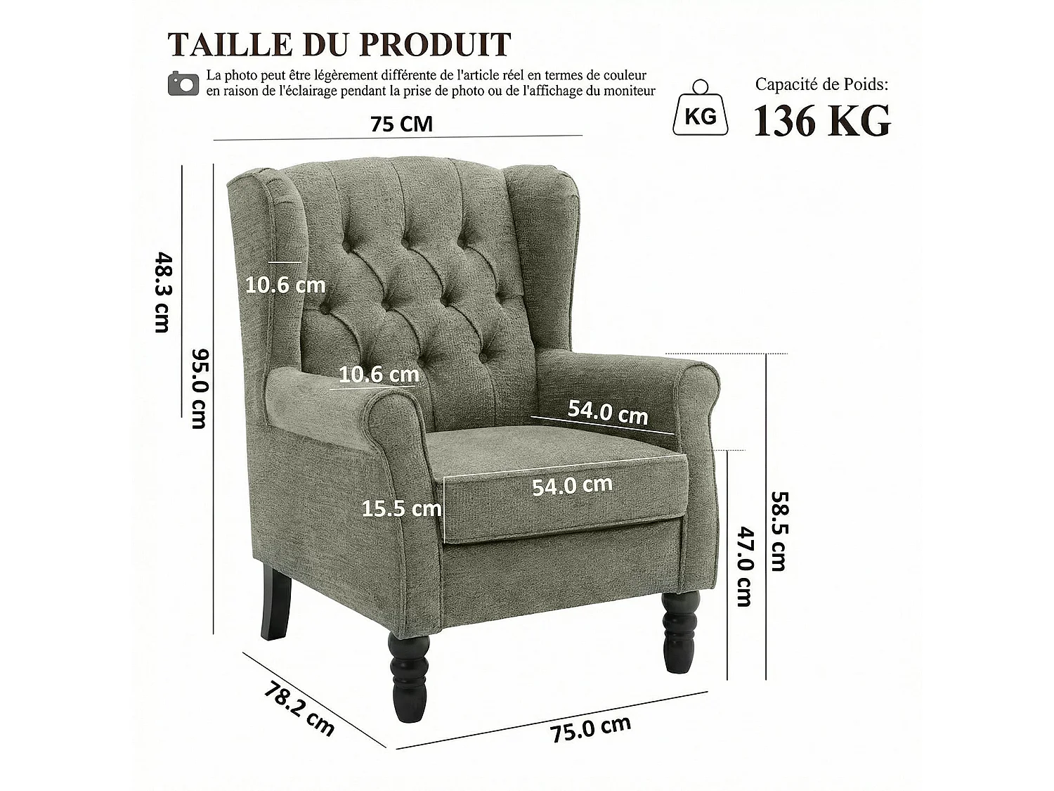 Fauteuil vert avec accoudoirs, fauteuil individuel en tissu, style rétro français, cadre en bois massif