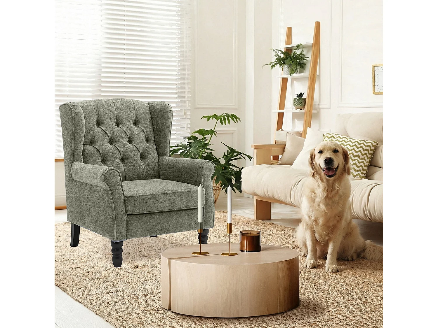 Fauteuil vert avec accoudoirs, fauteuil individuel en tissu, style rétro français, cadre en bois massif