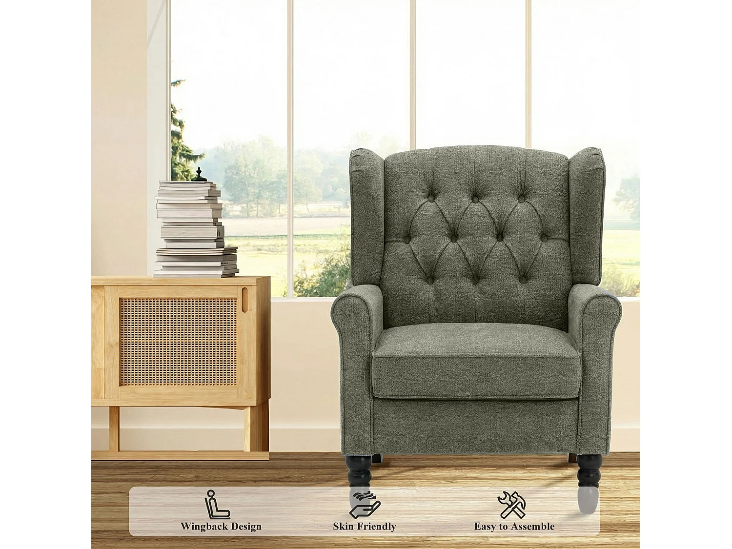 Fauteuil vert avec accoudoirs, fauteuil individuel en tissu, style rétro français, cadre en bois massif