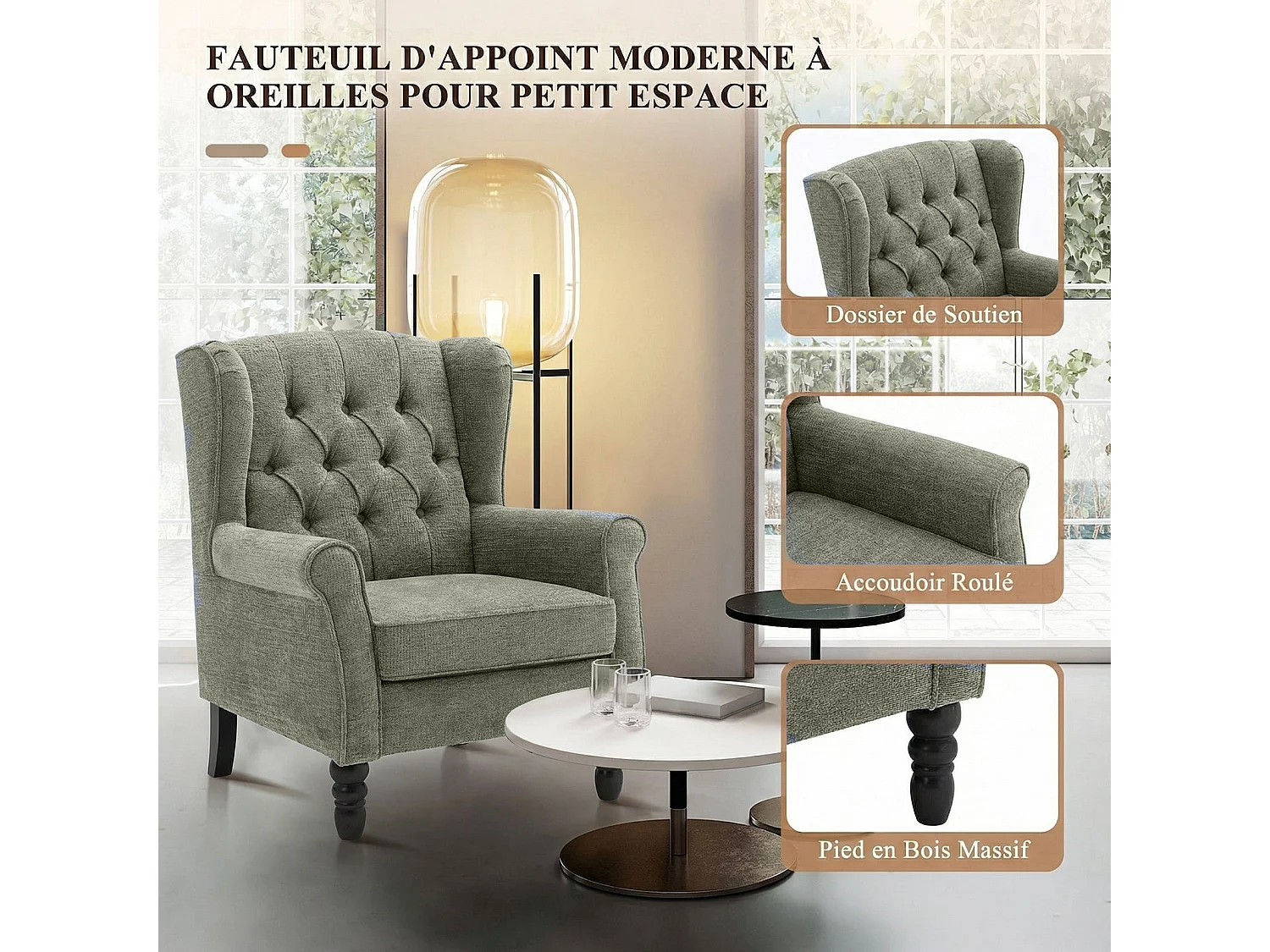 Fauteuil vert avec accoudoirs, fauteuil individuel en tissu, style rétro français, cadre en bois massif
