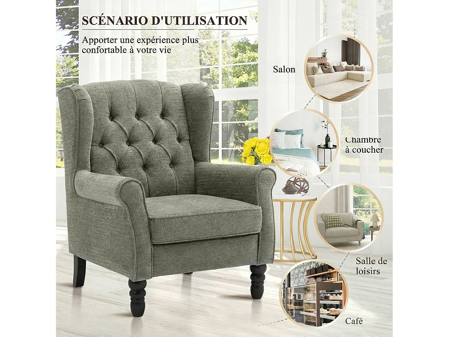 Fauteuil vert avec accoudoirs, fauteuil individuel en tissu, style rétro français, cadre en bois massif