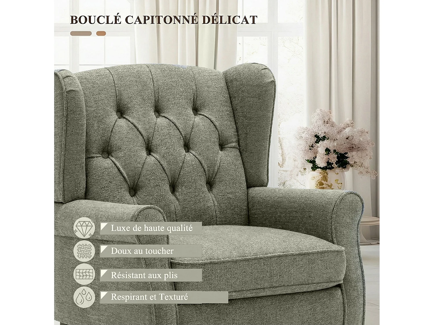 Fauteuil vert avec accoudoirs, fauteuil individuel en tissu, style rétro français, cadre en bois massif