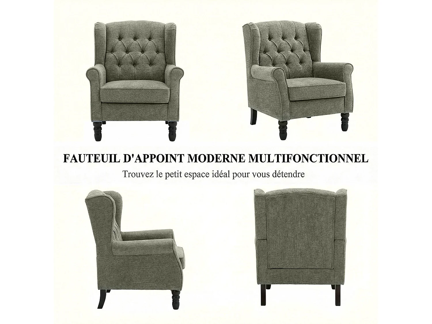 Fauteuil vert avec accoudoirs, fauteuil individuel en tissu, style rétro français, cadre en bois massif