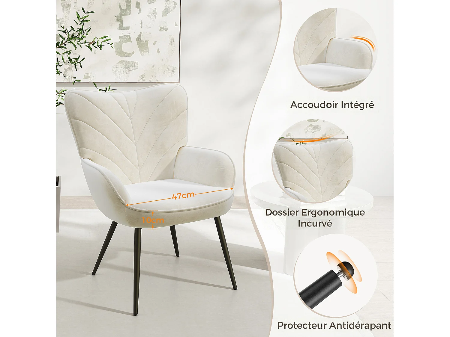 Chaise Moderne à Motif Feuille - Design Simple et Naturel - Chaise polyvalente salon et bureau, blanc