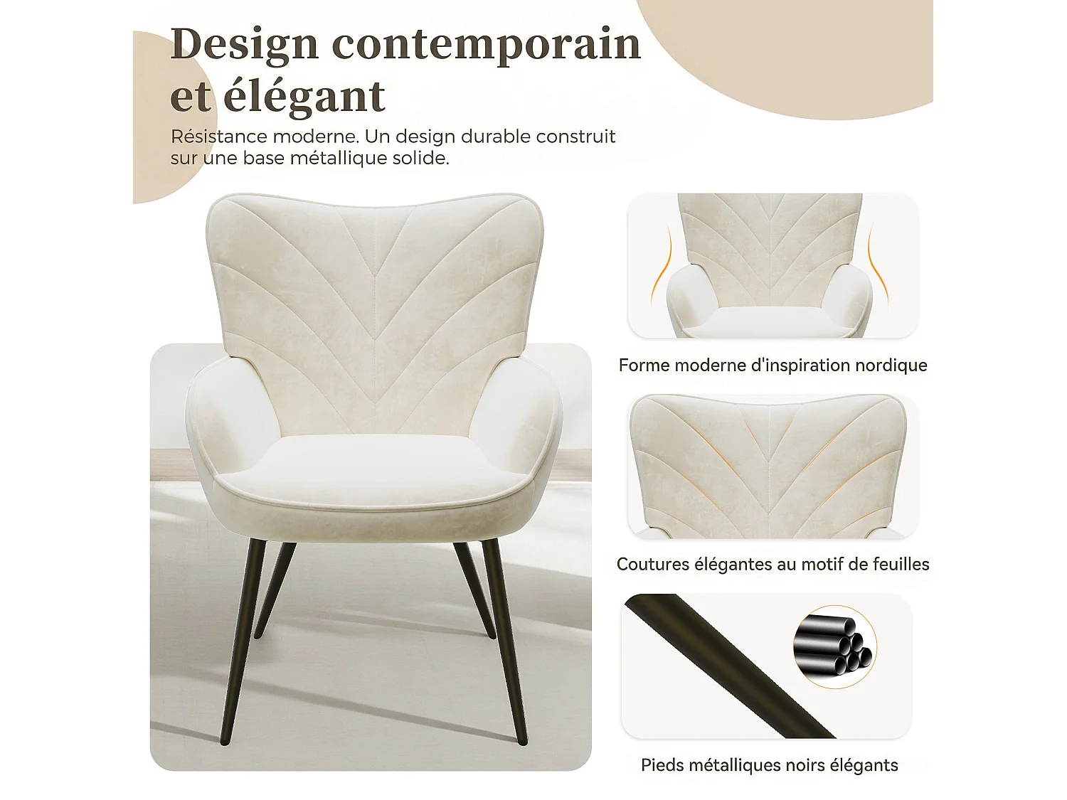 Chaise Moderne à Motif Feuille - Design Simple et Naturel - Chaise polyvalente salon et bureau, blanc