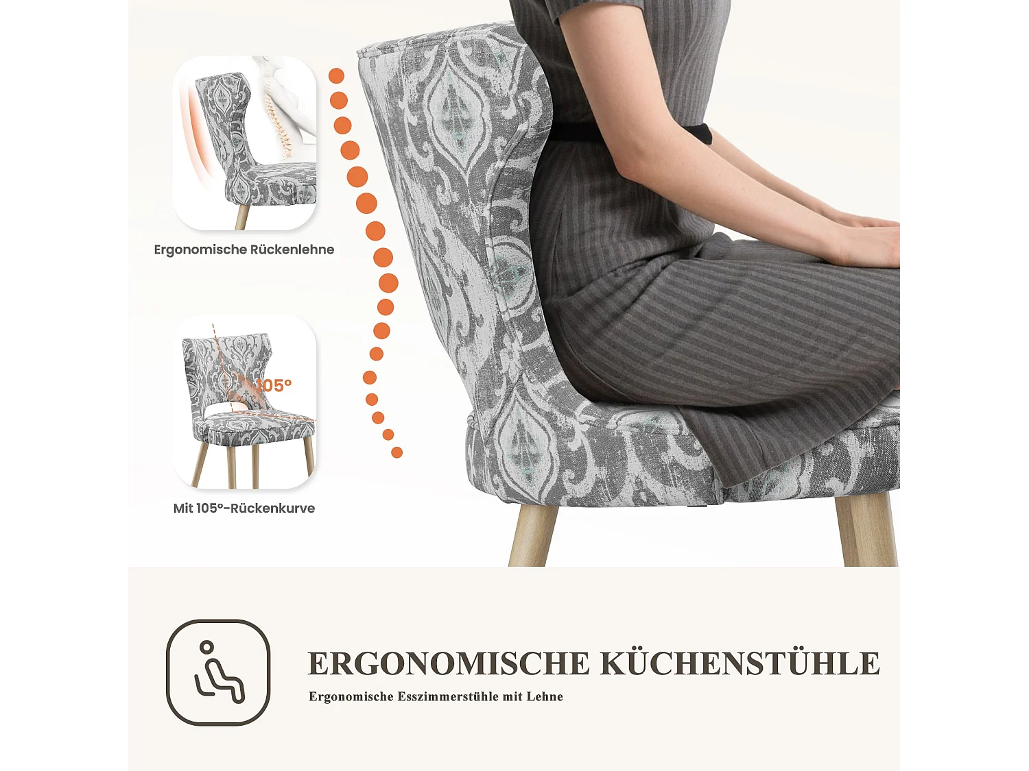 Chaise - Lot de 2 chaises capitonnées dossier haut style club – Pour salle à manger, cuisine, salon – Jacquard