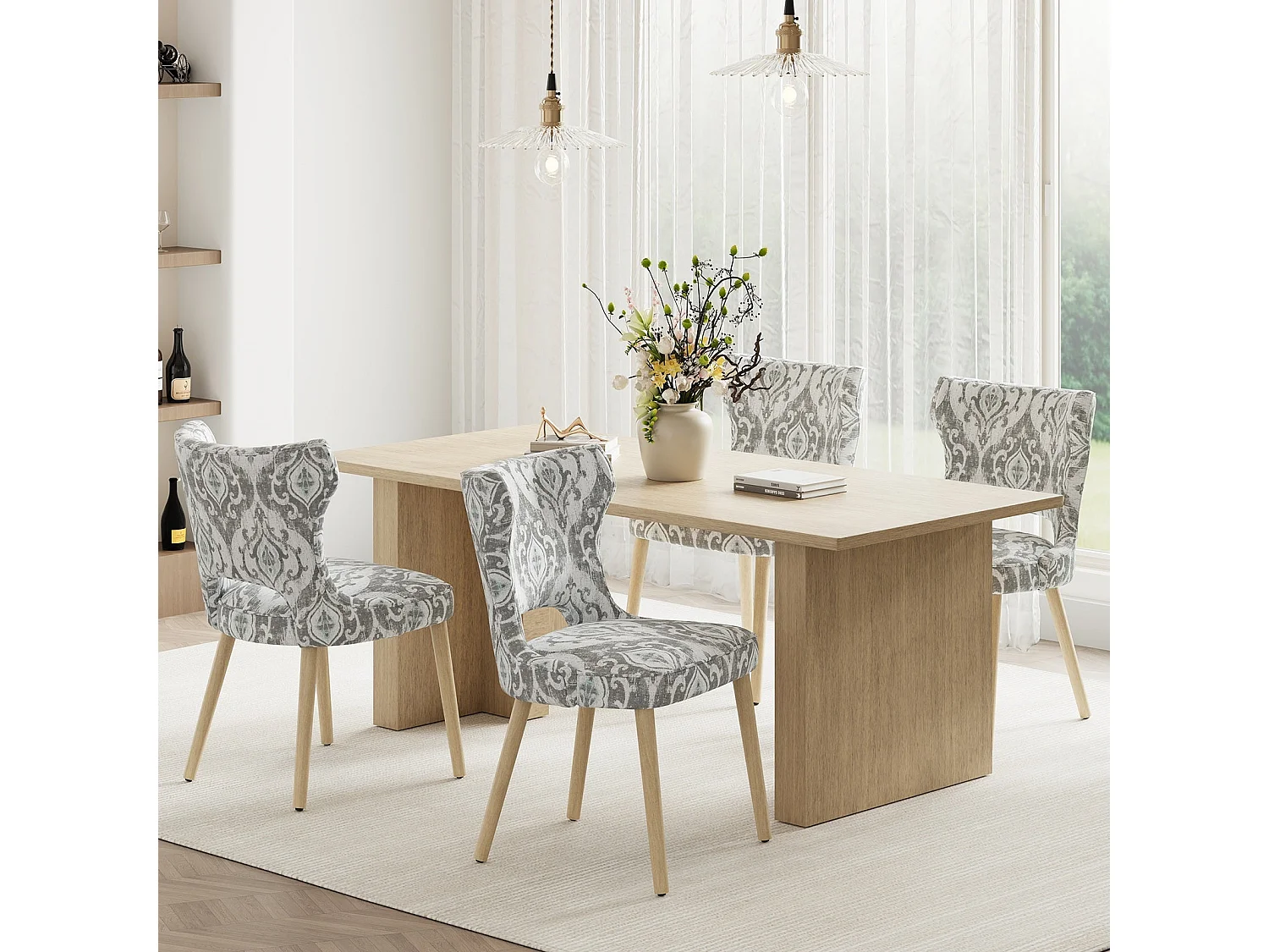 Set van 2 vintage clubstijl eetkamerstoelen met hoge rugleuning, van hout en gestoffeerd - Grijs-beige patroon