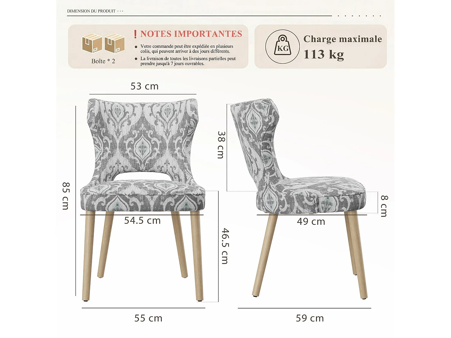 Set van 2 vintage clubstijl eetkamerstoelen met hoge rugleuning, van hout en gestoffeerd - Grijs-beige patroon