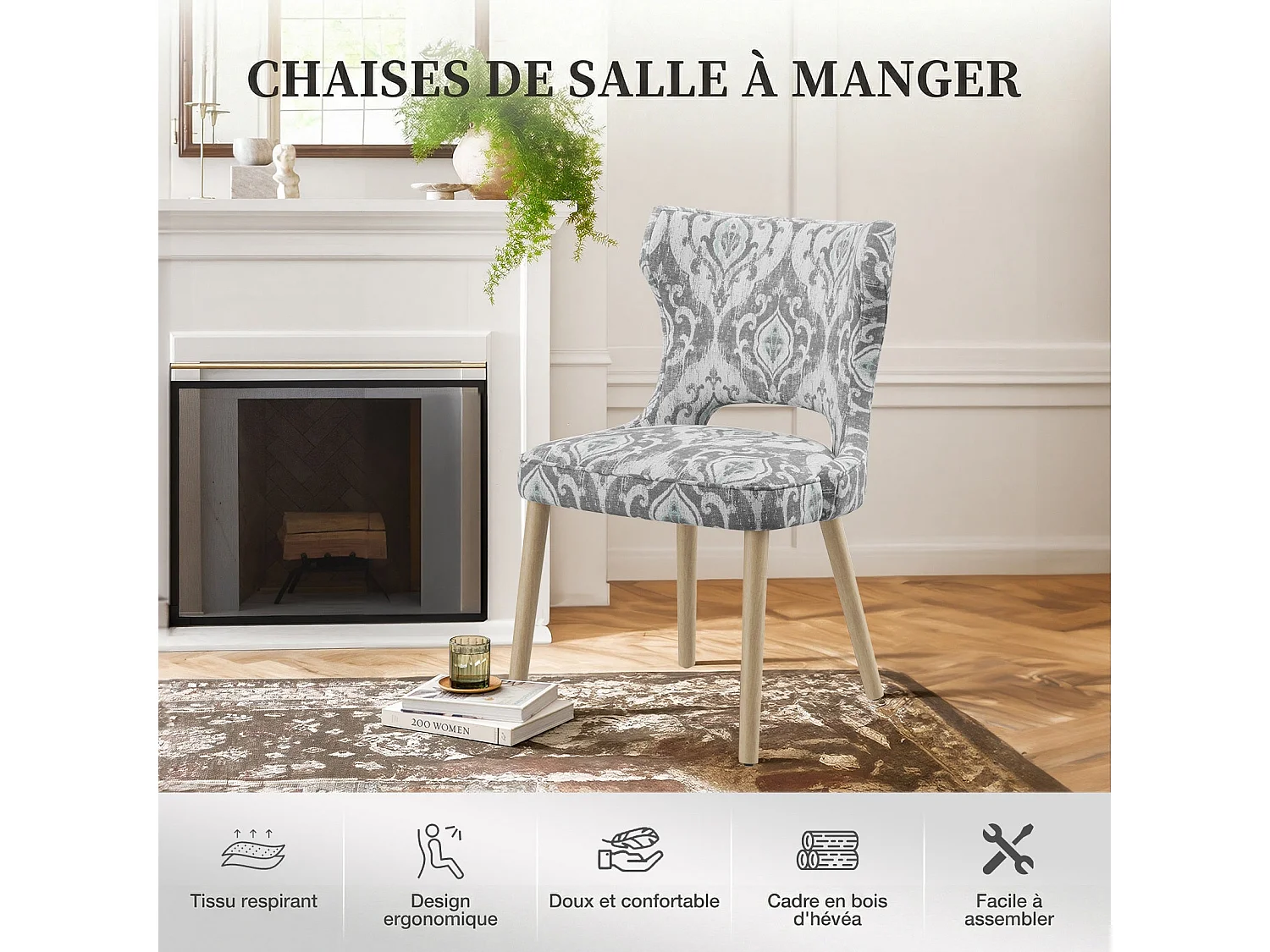 Set van 2 vintage clubstijl eetkamerstoelen met hoge rugleuning, van hout en gestoffeerd - Grijs-beige patroon