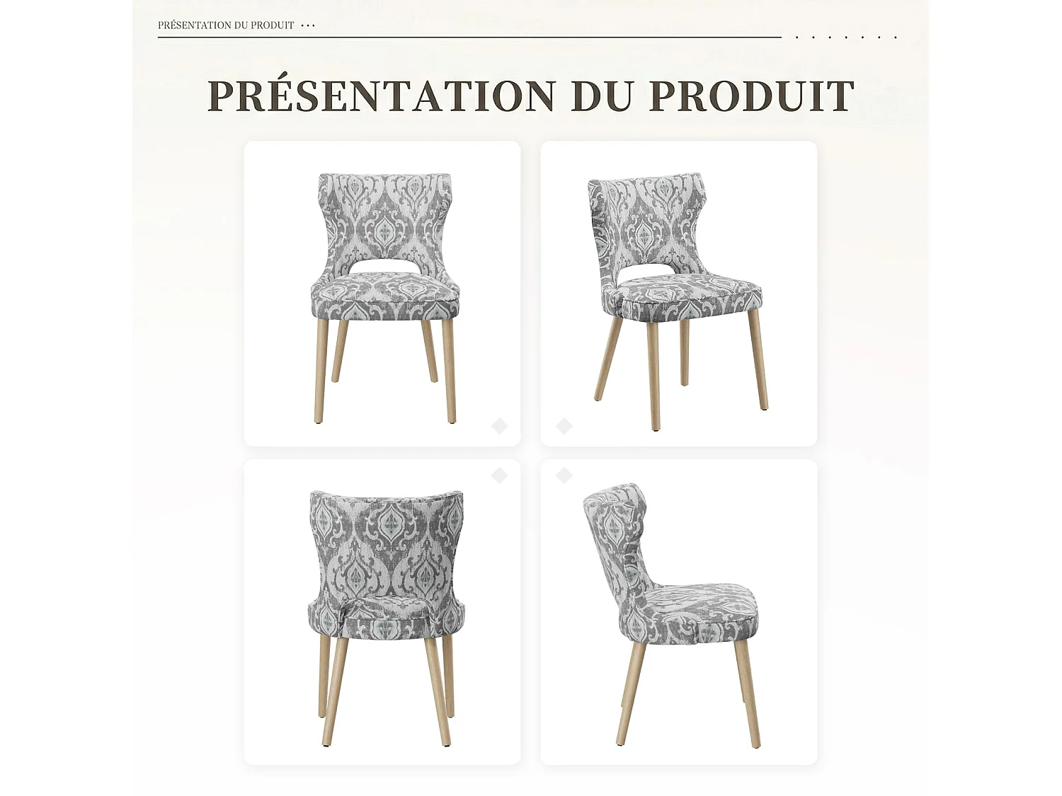 Set van 2 vintage clubstijl eetkamerstoelen met hoge rugleuning, van hout en gestoffeerd - Grijs-beige patroon