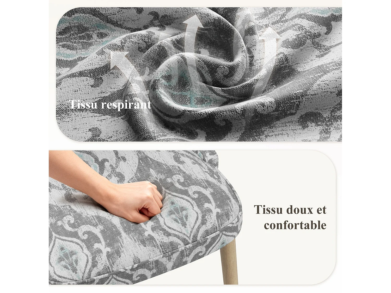 Set van 2 vintage clubstijl eetkamerstoelen met hoge rugleuning, van hout en gestoffeerd - Grijs-beige patroon