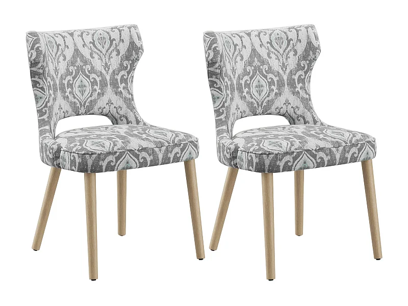 Lot de 2 chaises de salle à manger vintage style club dossier haut, en bois et tissu rembourré - Motif gris beige
