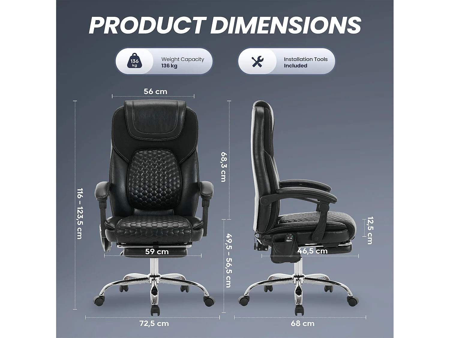 Chaise de bureau ergonomique, Massage 6 points avec chauffage lombaire 3 niveaux, Inclinaison 94-125° réglable avec repose-pieds extensible – Noir