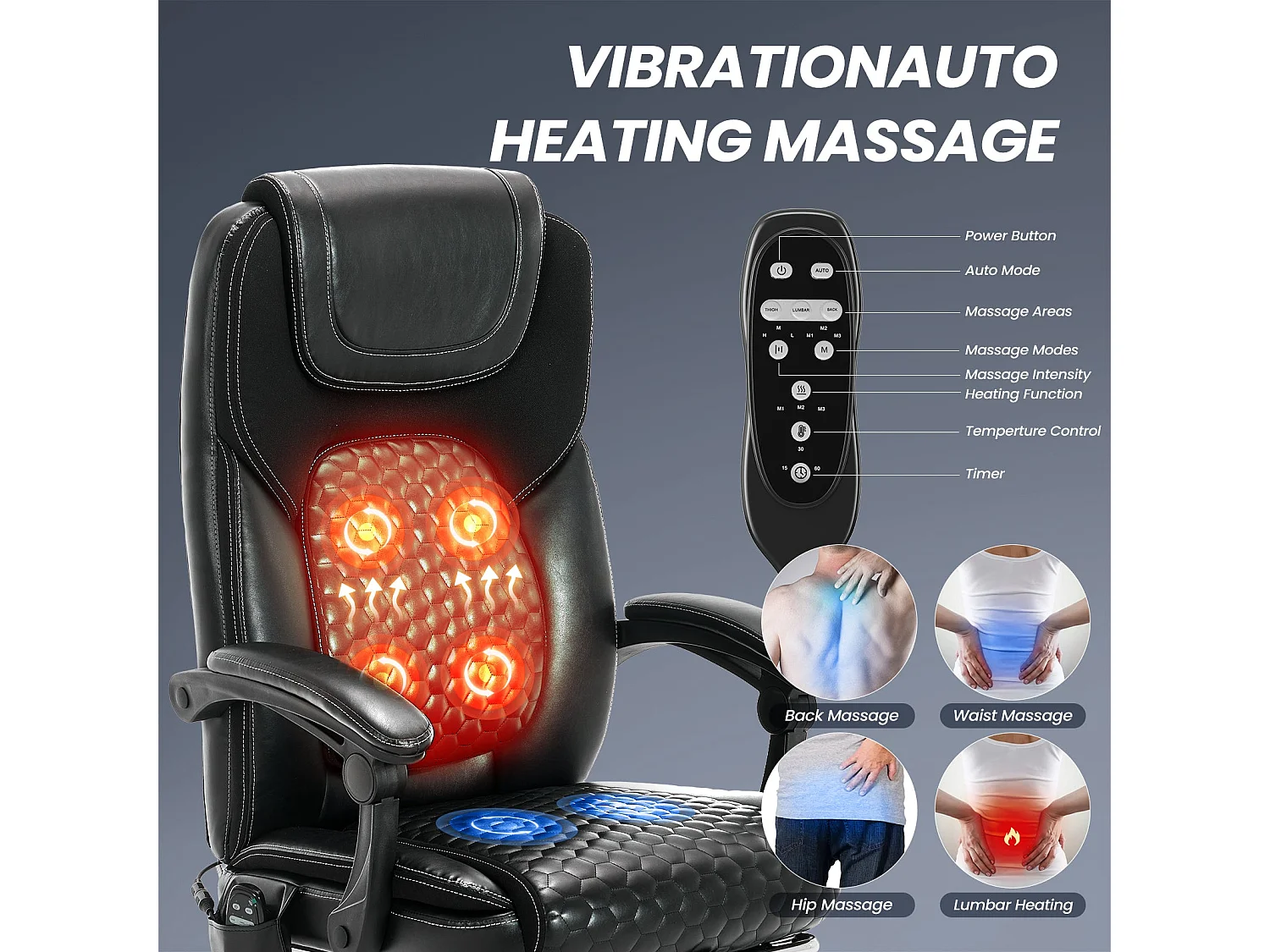 Chaise de bureau ergonomique, Massage 6 points avec chauffage lombaire 3 niveaux, Inclinaison 94-125° réglable avec repose-pieds extensible – Noir