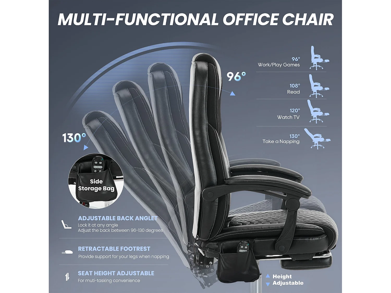 Chaise de bureau ergonomique, Massage 6 points avec chauffage lombaire 3 niveaux, Inclinaison 94-125° réglable avec repose-pieds extensible – Noir