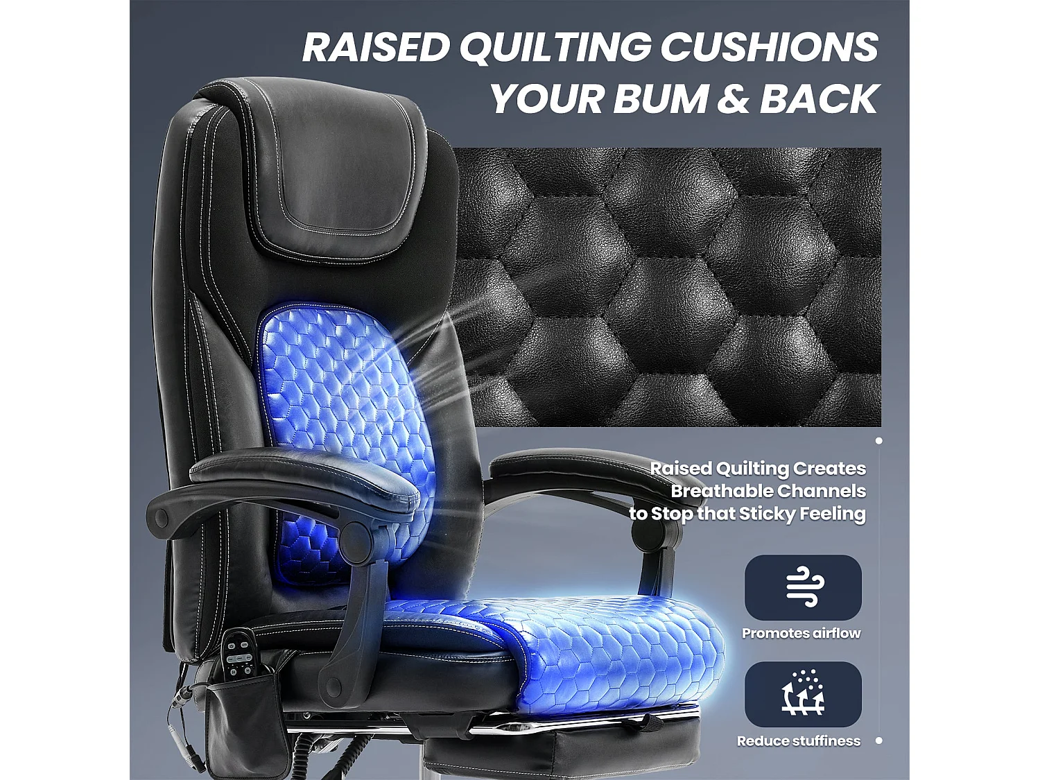 Chaise de bureau ergonomique, Massage 6 points avec chauffage lombaire 3 niveaux, Inclinaison 94-125° réglable avec repose-pieds extensible – Noir
