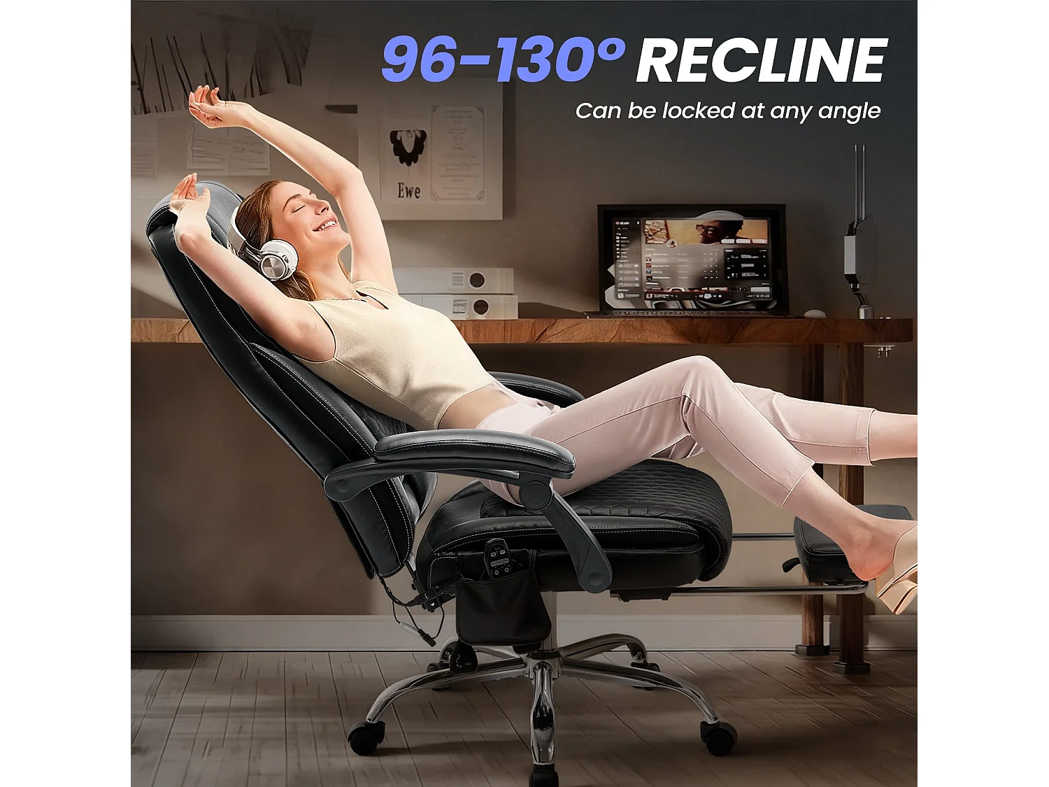 Chaise de bureau ergonomique, Massage 6 points avec chauffage lombaire 3 niveaux, Inclinaison 94-125° réglable avec repose-pieds extensible – Noir