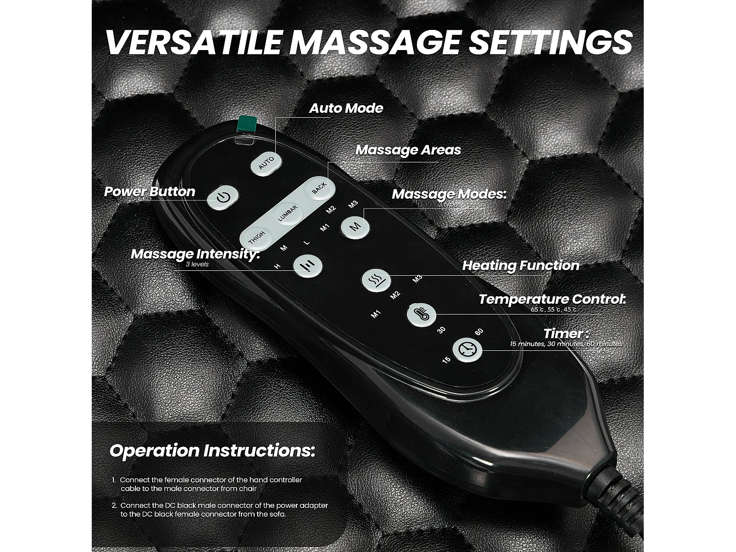 Chaise de bureau ergonomique, Massage 6 points avec chauffage lombaire 3 niveaux, Inclinaison 94-125° réglable avec repose-pieds extensible – Noir