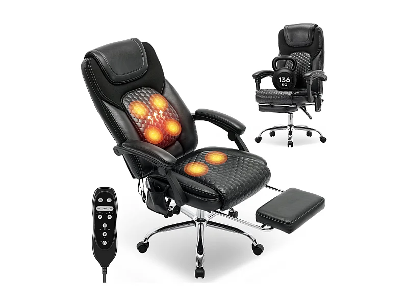 Chaise de bureau ergonomique, Massage 6 points avec chauffage lombaire 3 niveaux, Inclinaison 94-125° réglable avec repose-pieds extensible – Noir