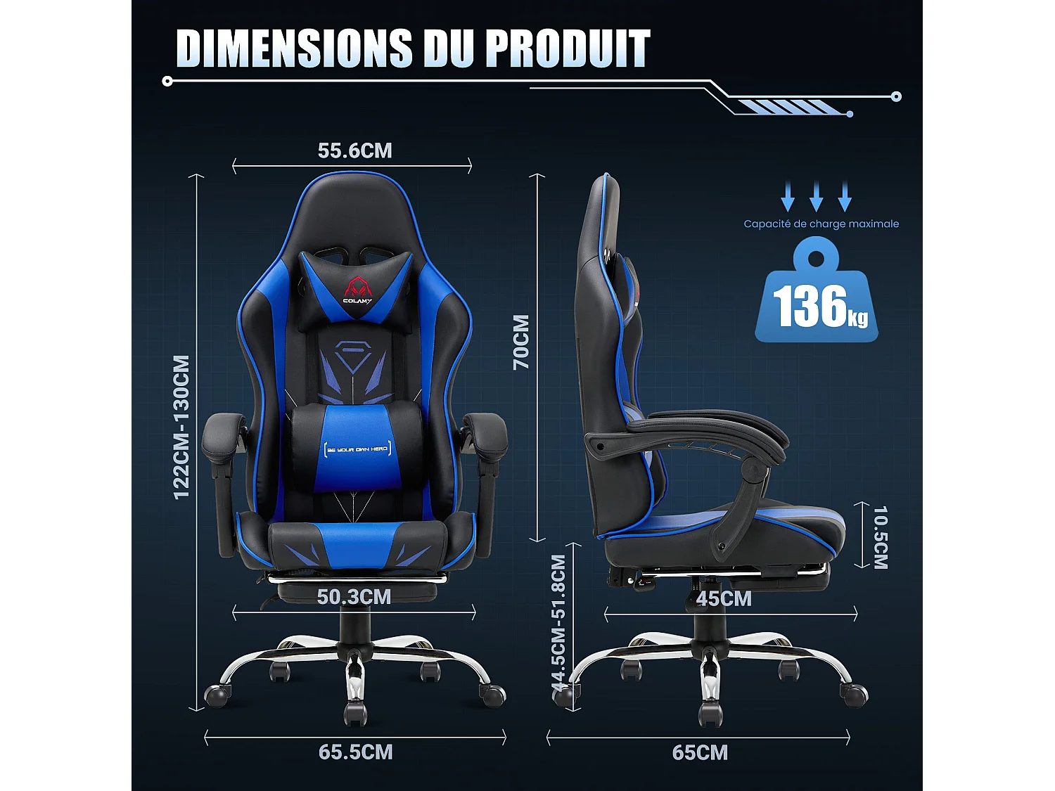 Chaise gaming ergonomique, avec repose-pieds, capacité de charge maximale 136kg - Bleu