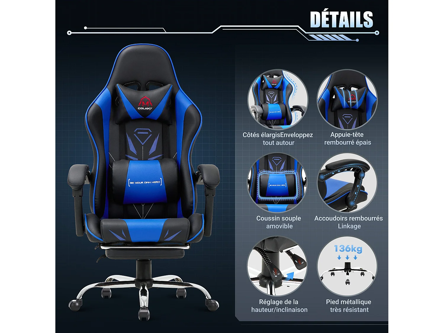 Chaise gaming ergonomique, avec repose-pieds, capacité de charge maximale 136kg – Bleu