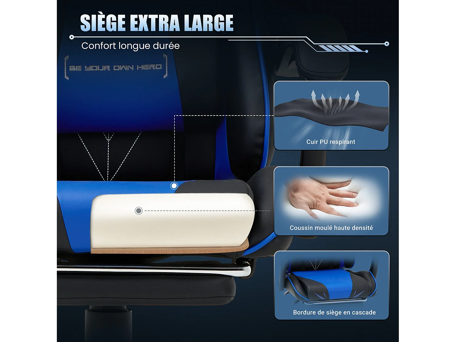 Chaise gaming ergonomique, avec repose-pieds, capacité de charge maximale 136kg – Bleu