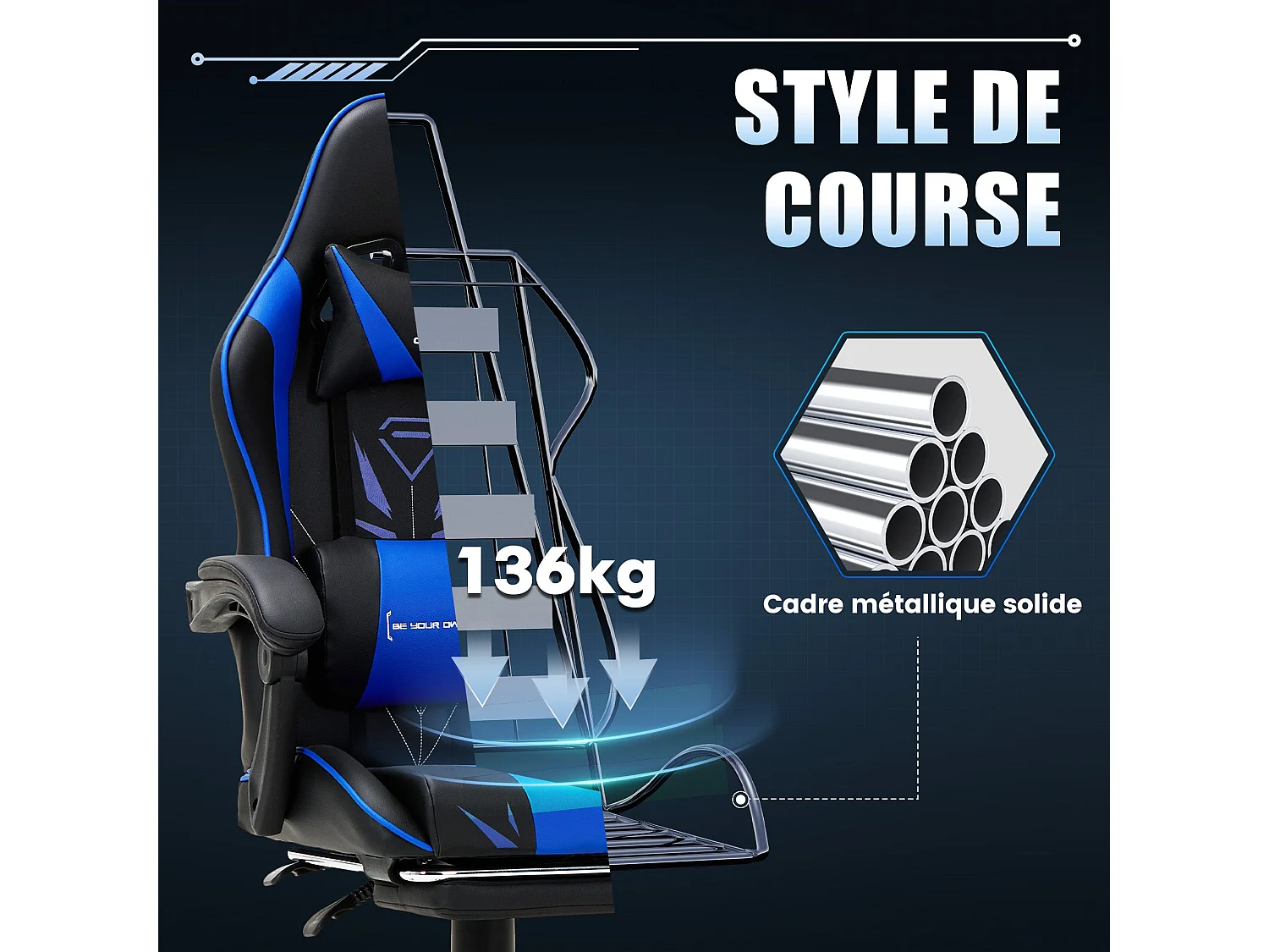 Chaise gaming ergonomique, avec repose-pieds, capacité de charge maximale 136kg – Bleu