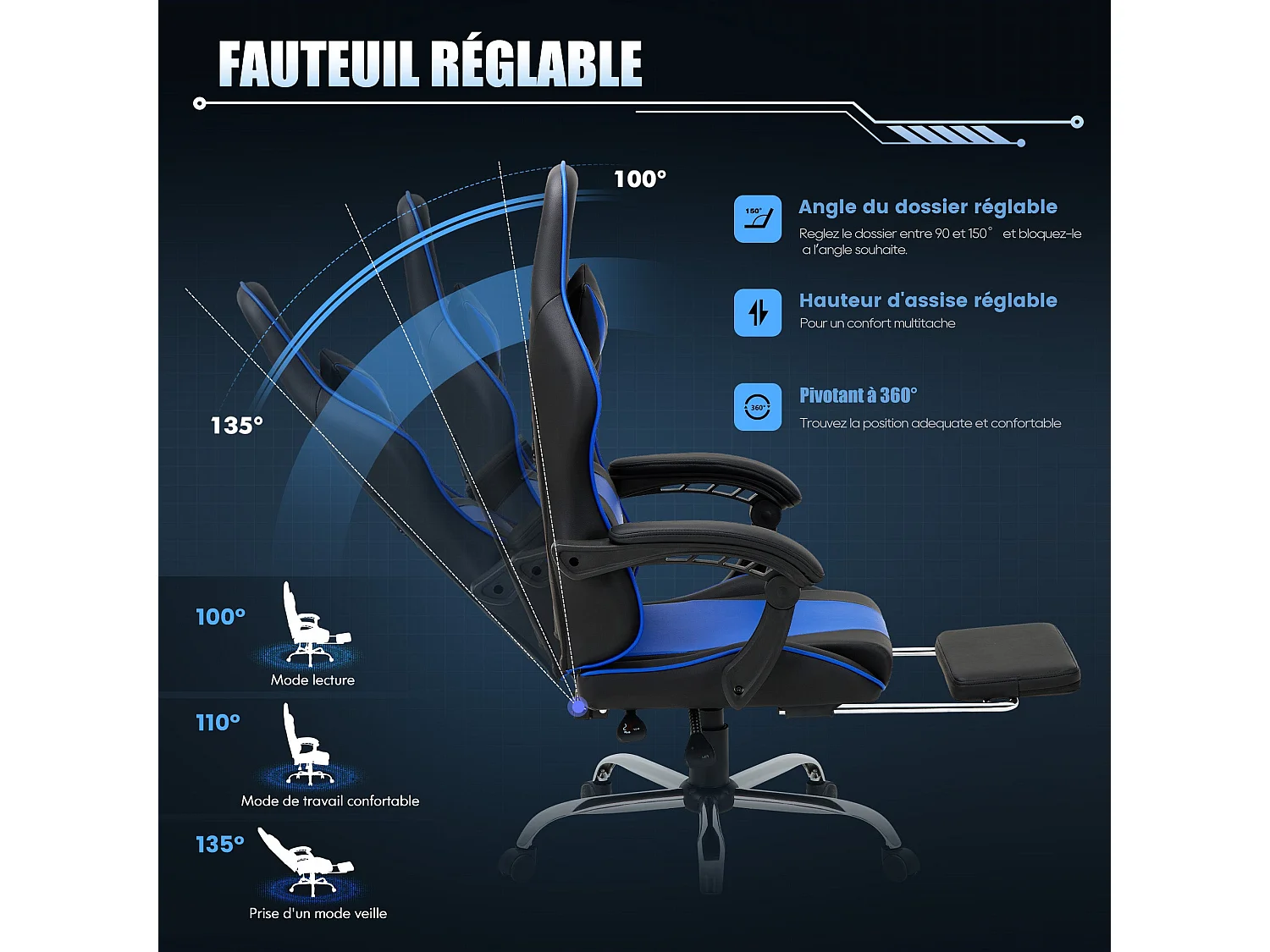 Chaise gaming ergonomique, avec repose-pieds, capacité de charge maximale 136kg – Bleu