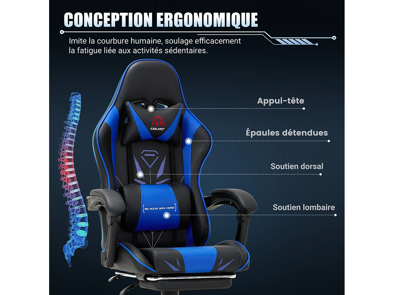 Chaise gaming ergonomique, avec repose-pieds, capacité de charge maximale 136kg – Bleu