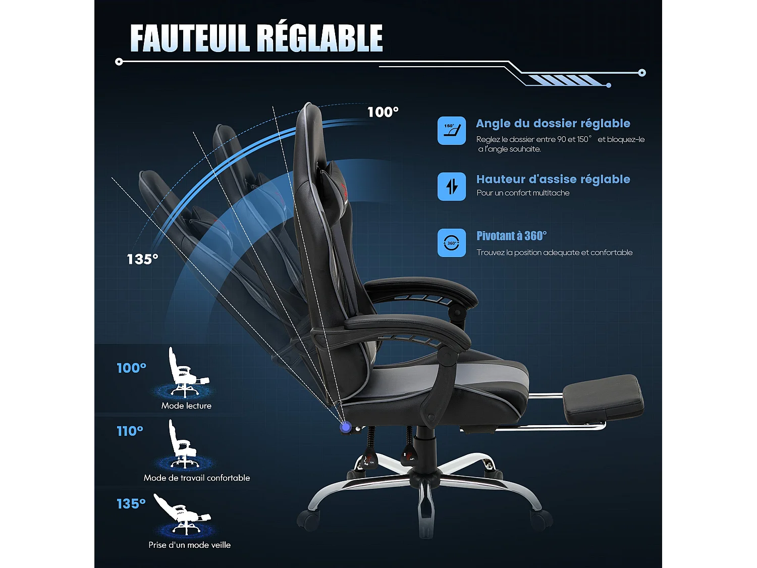 Chaise gaming ergonomique, avec repose-pieds, capacité de charge maximale 136kg - Gris