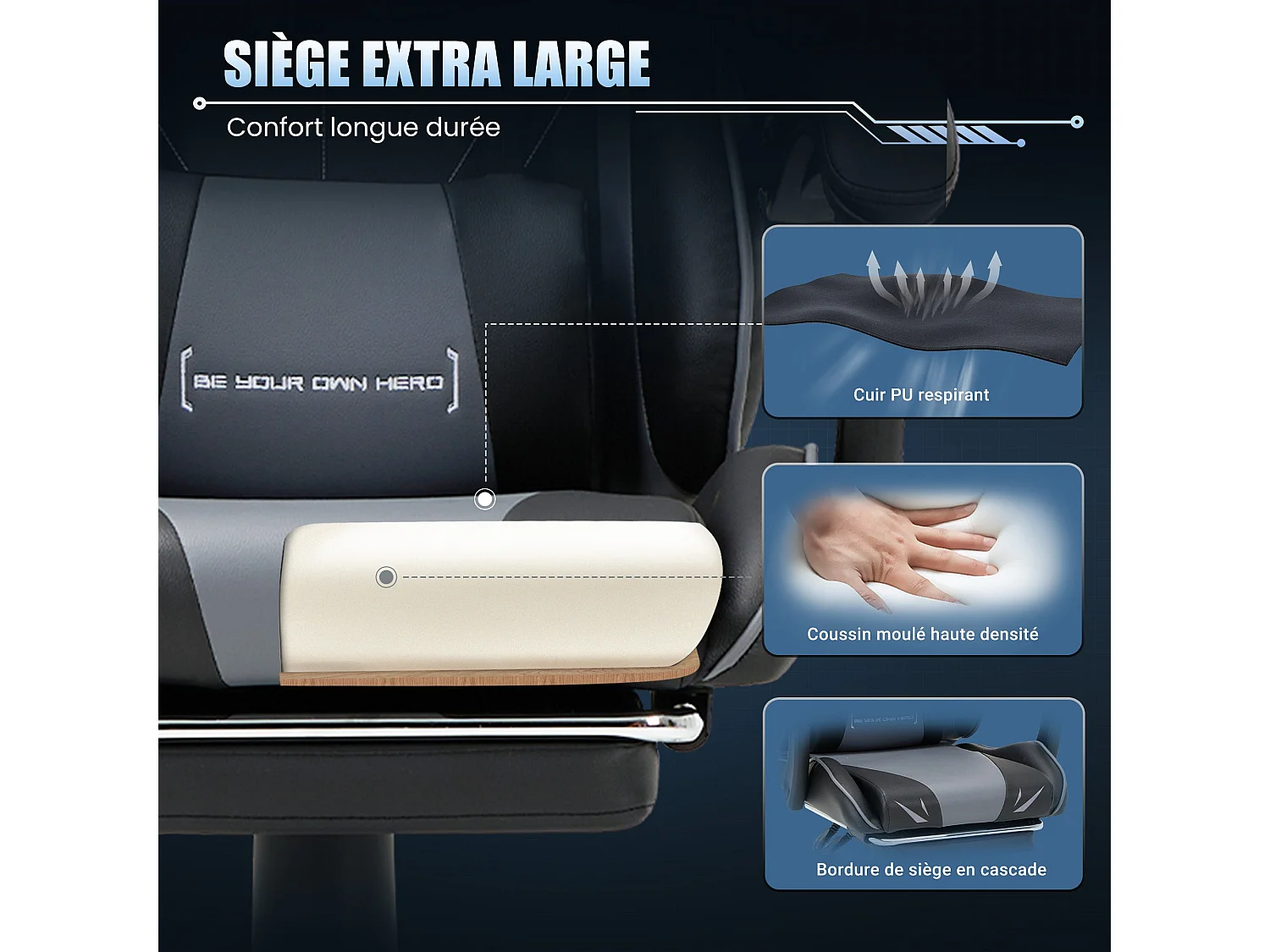 Chaise gaming ergonomique, avec repose-pieds, capacité de charge maximale 136kg - Gris