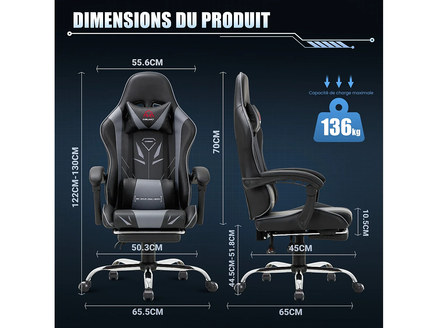 Chaise gaming ergonomique, avec repose-pieds, capacité de charge maximale 136kg – Gris