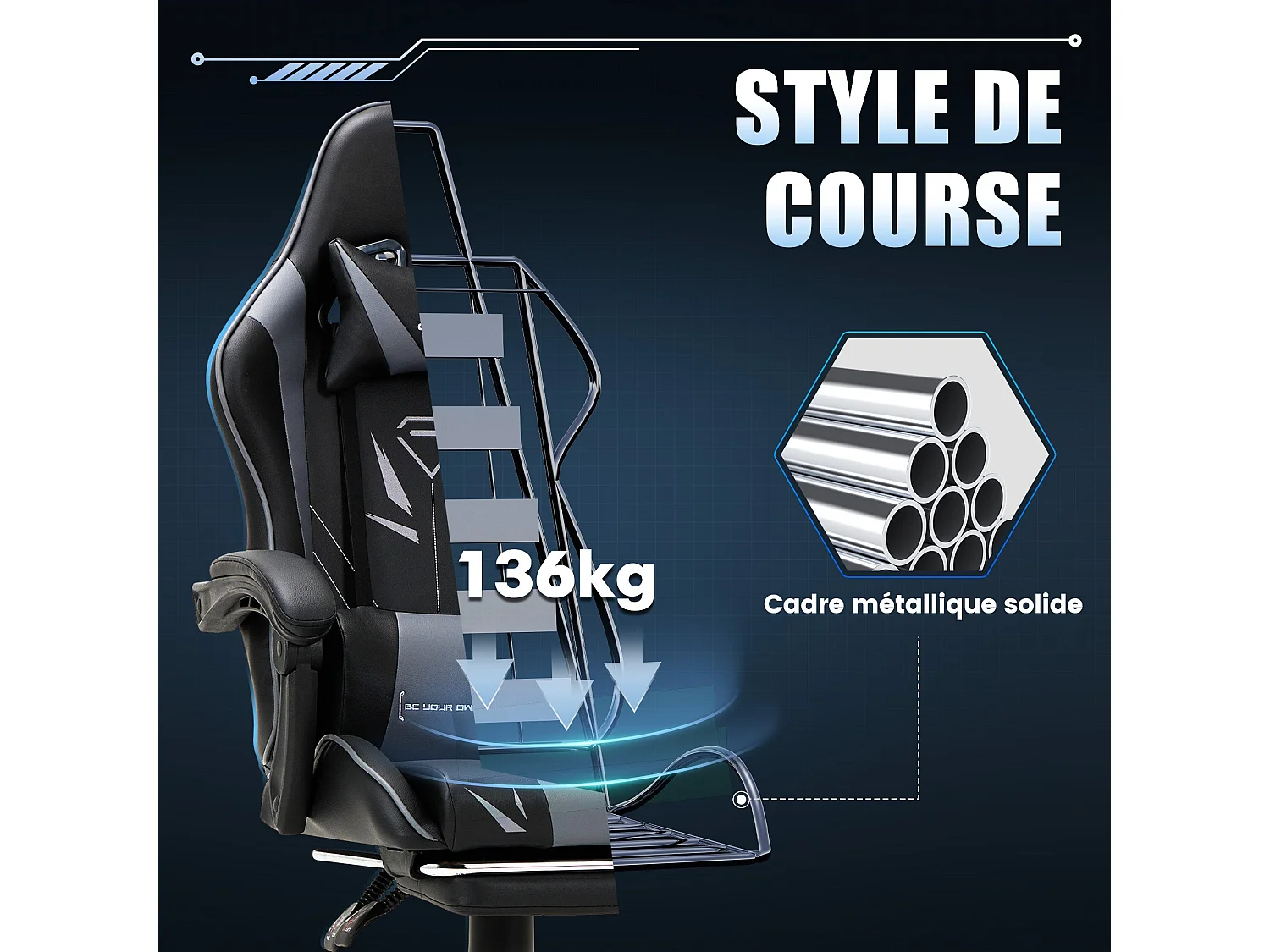 Chaise gaming ergonomique, avec repose-pieds, capacité de charge maximale 136kg – Gris