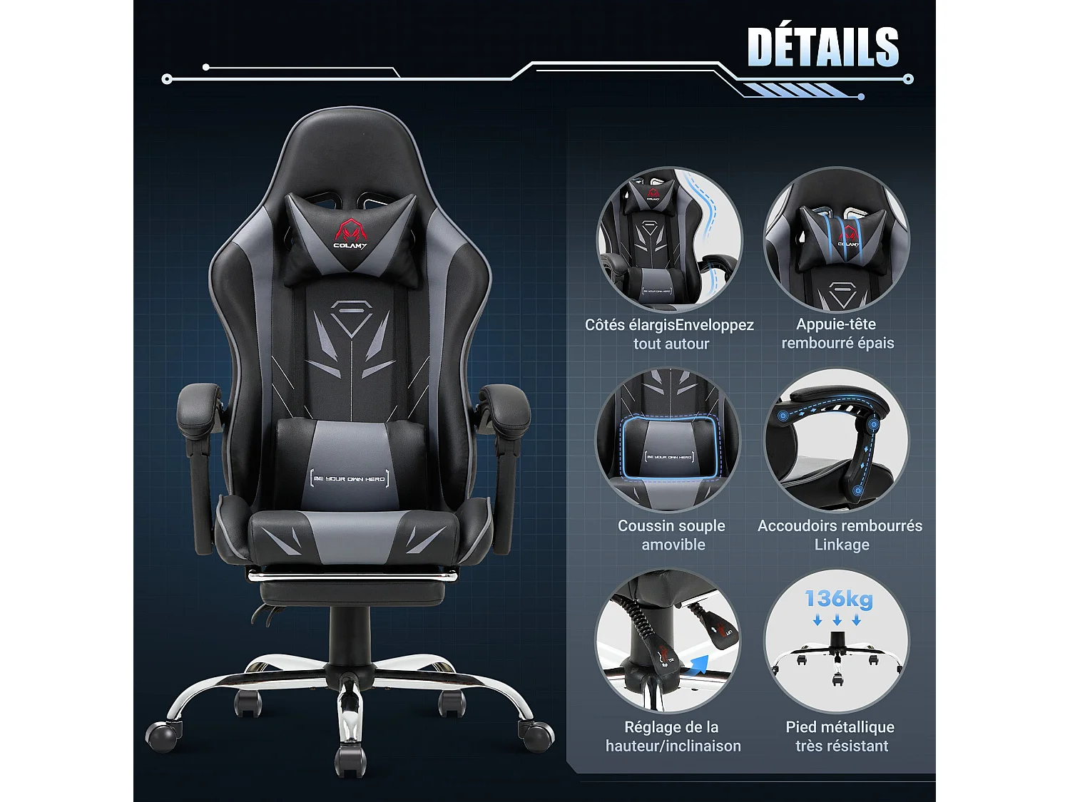 Chaise gaming ergonomique, avec repose-pieds, capacité de charge maximale 136kg – Gris