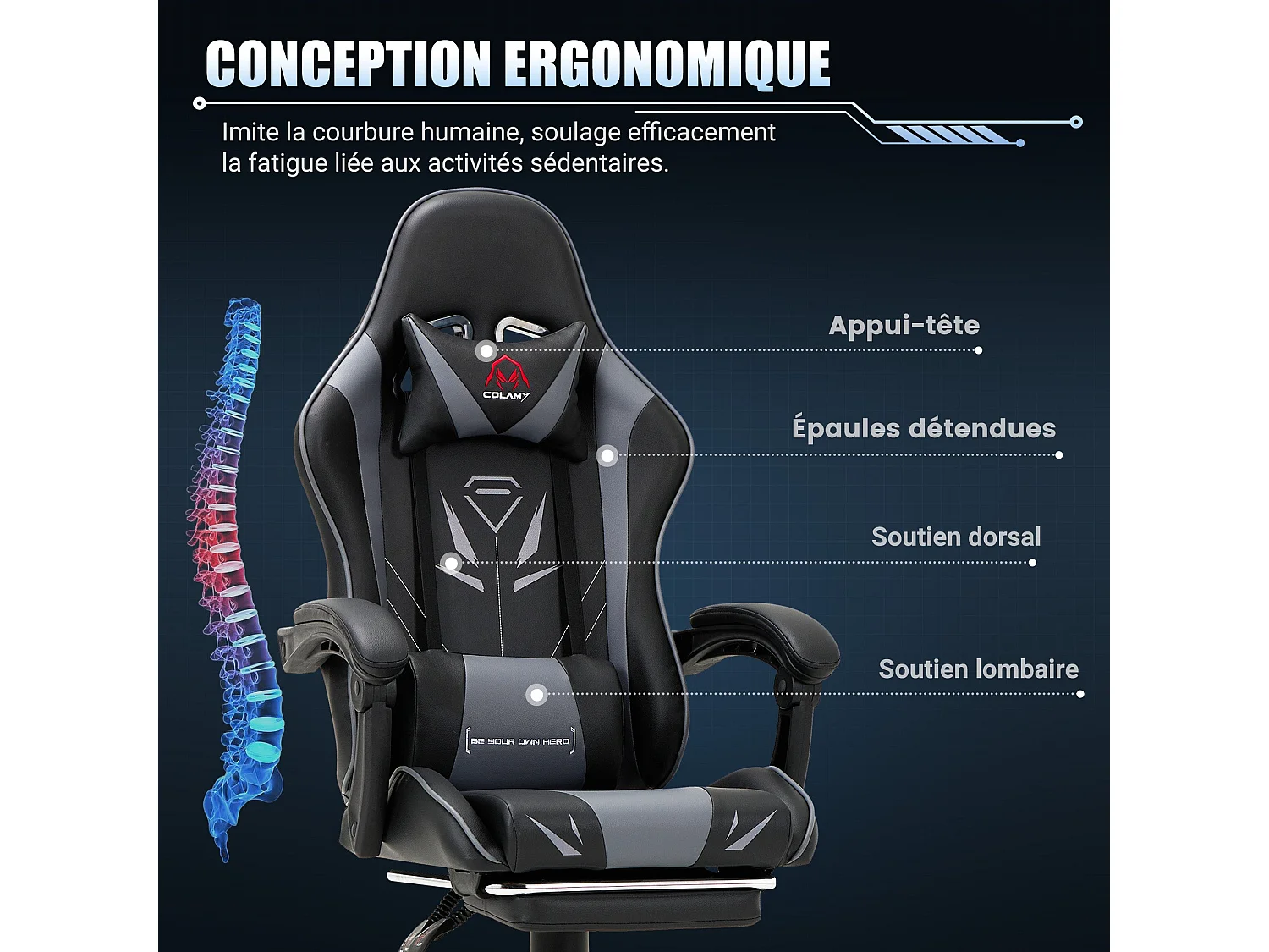 Chaise gaming ergonomique, avec repose-pieds, capacité de charge maximale 136kg – Gris