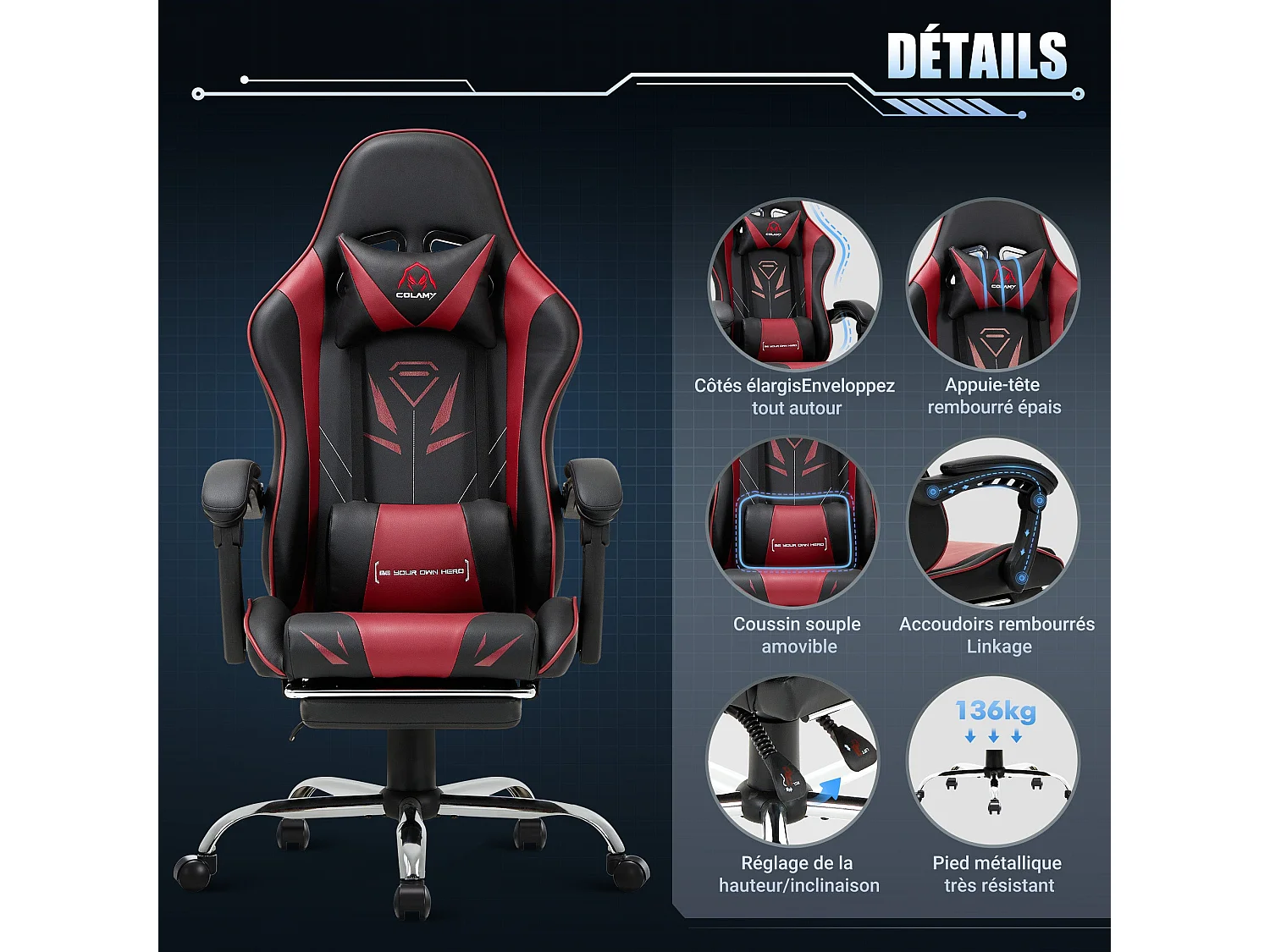 Chaise gaming ergonomique, avec repose-pieds, capacité de charge maximale 136kg - Rouge