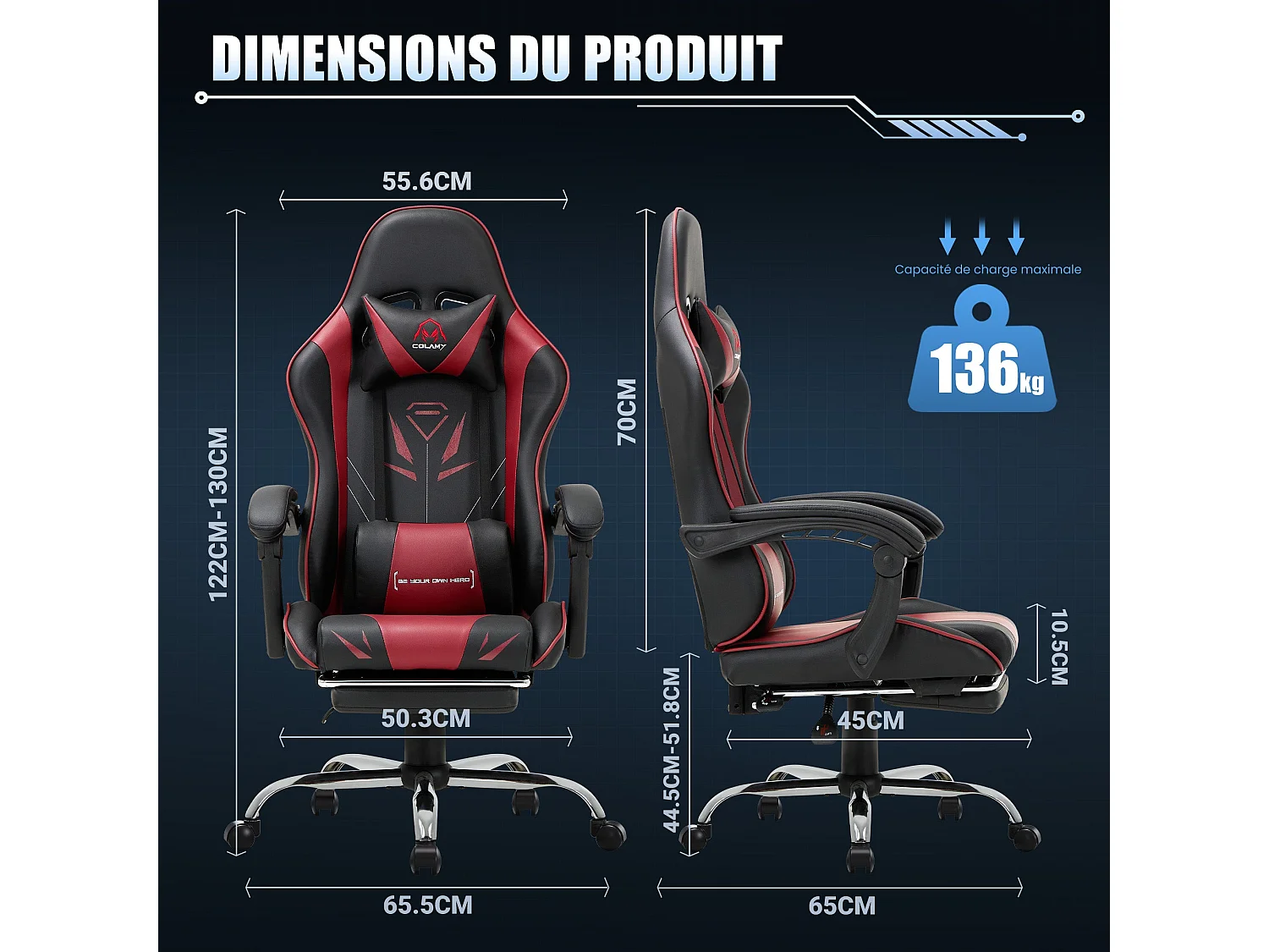 Chaise gaming ergonomique, avec repose-pieds, capacité de charge maximale 136kg - Rouge