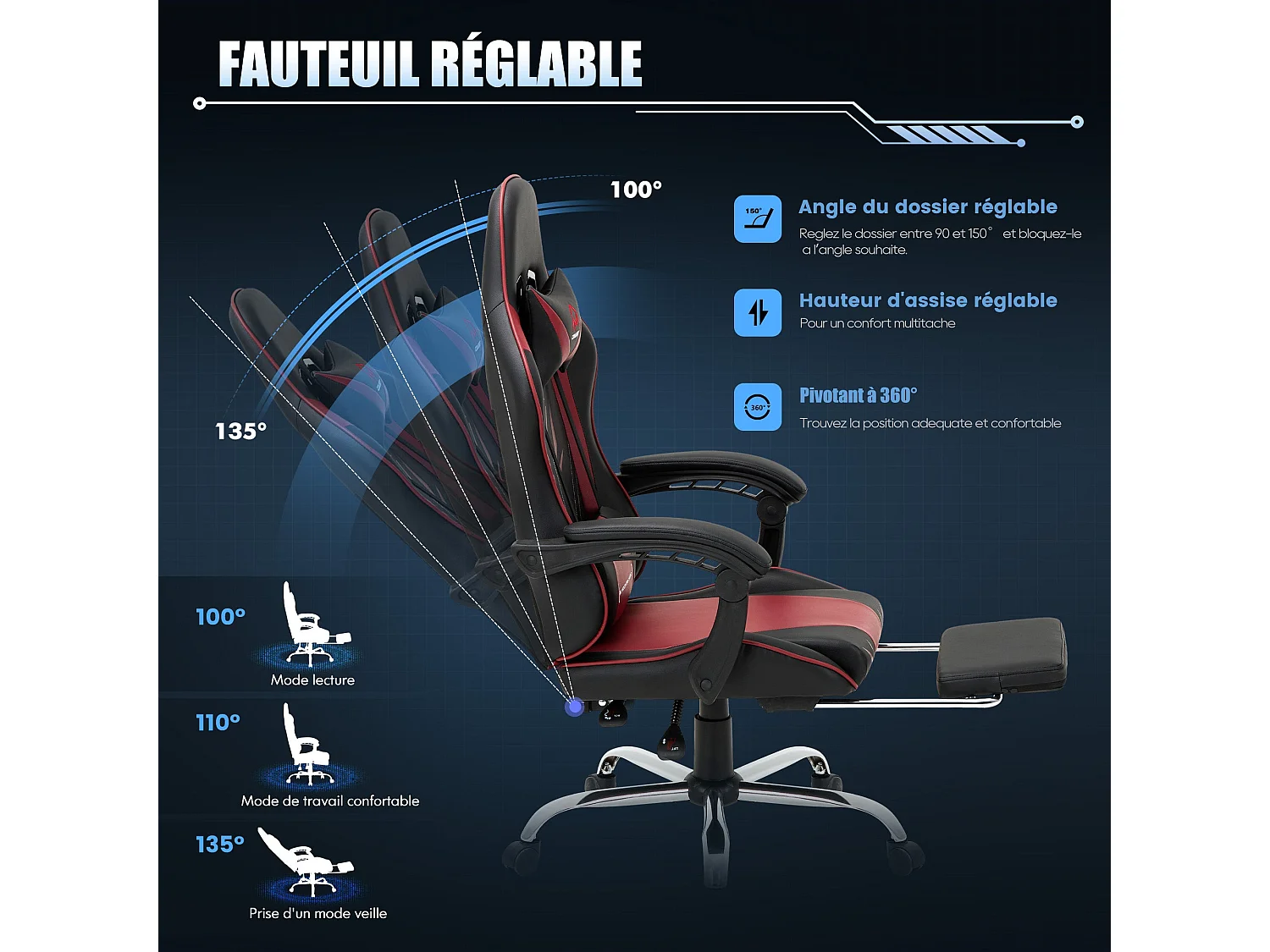 Chaise gaming ergonomique, avec repose-pieds, capacité de charge maximale 136kg – Rouge
