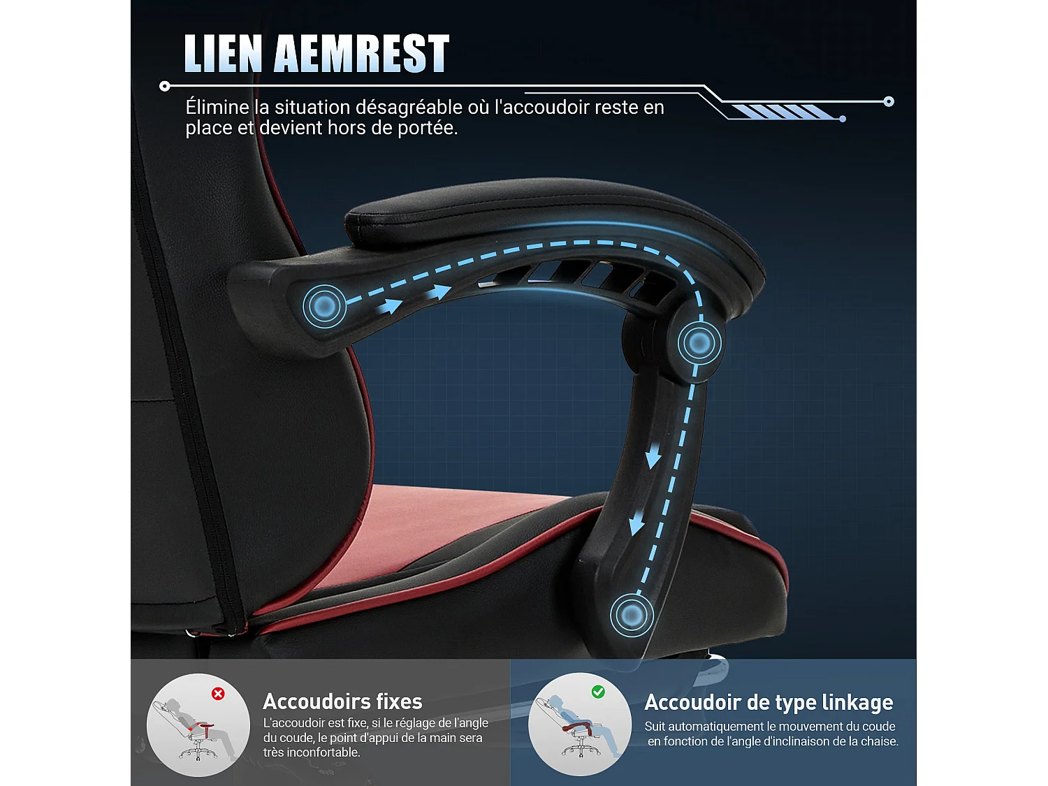 Chaise gaming ergonomique, avec repose-pieds, capacité de charge maximale 136kg – Rouge