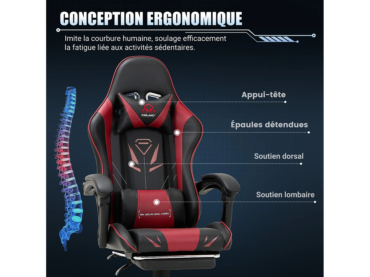 Chaise gaming ergonomique, avec repose-pieds, capacité de charge maximale 136kg – Rouge