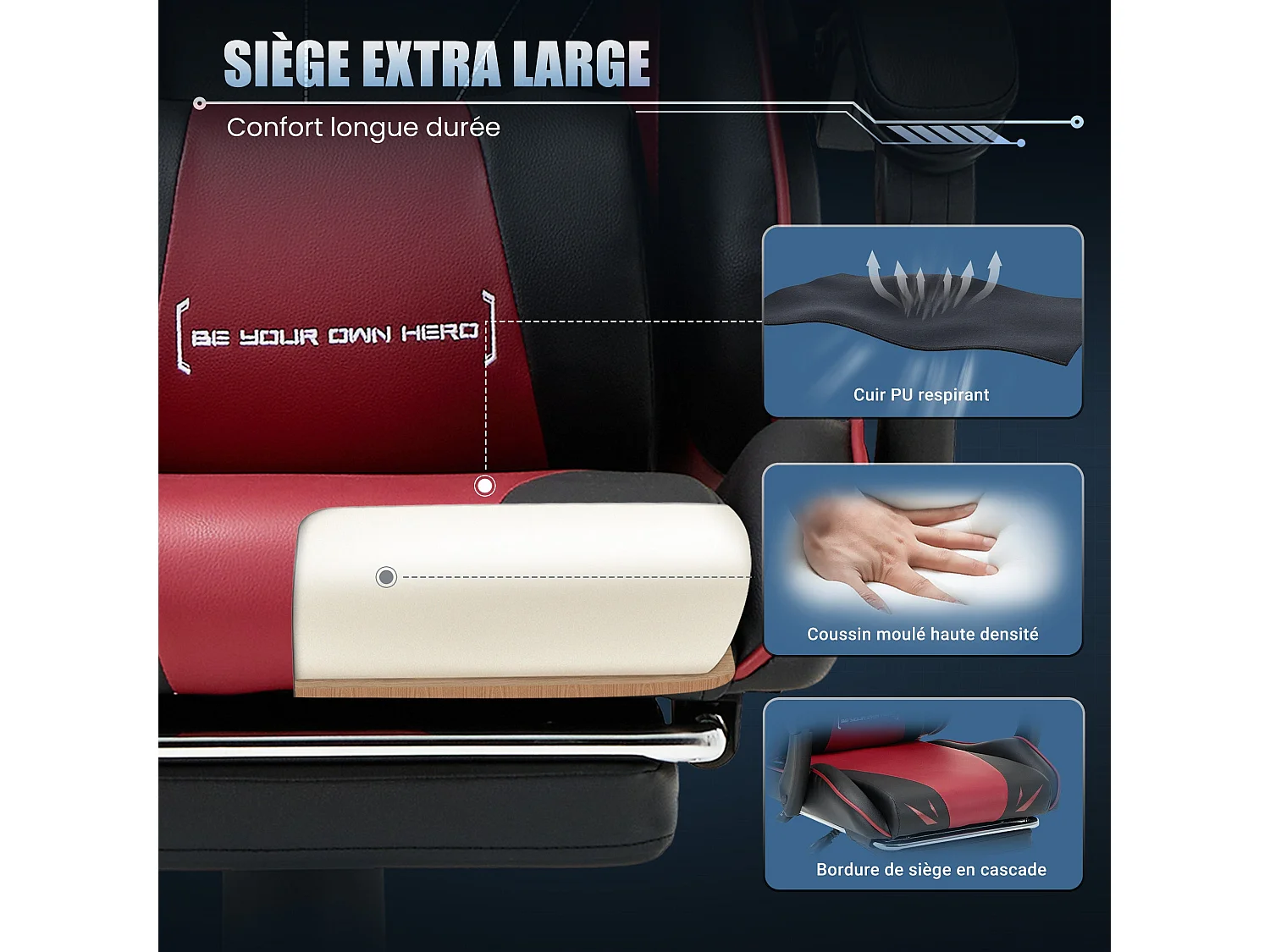 Chaise gaming ergonomique, avec repose-pieds, capacité de charge maximale 136kg – Rouge