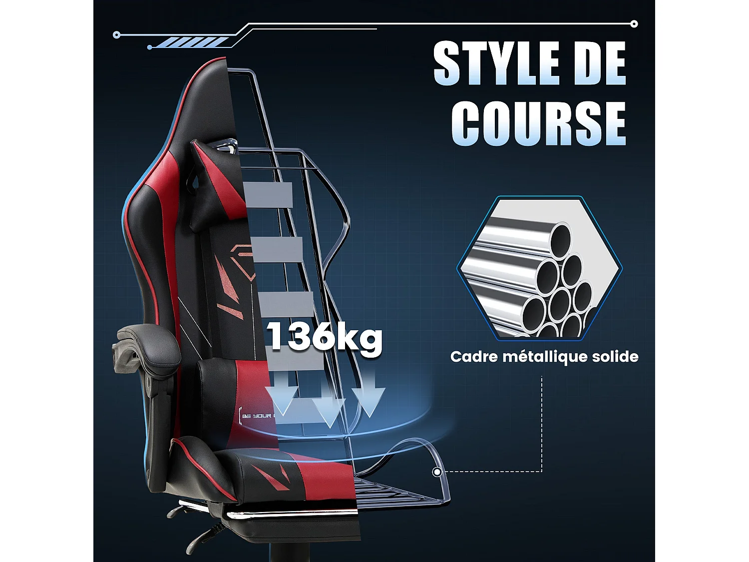 Chaise gaming ergonomique, avec repose-pieds, capacité de charge maximale 136kg – Rouge