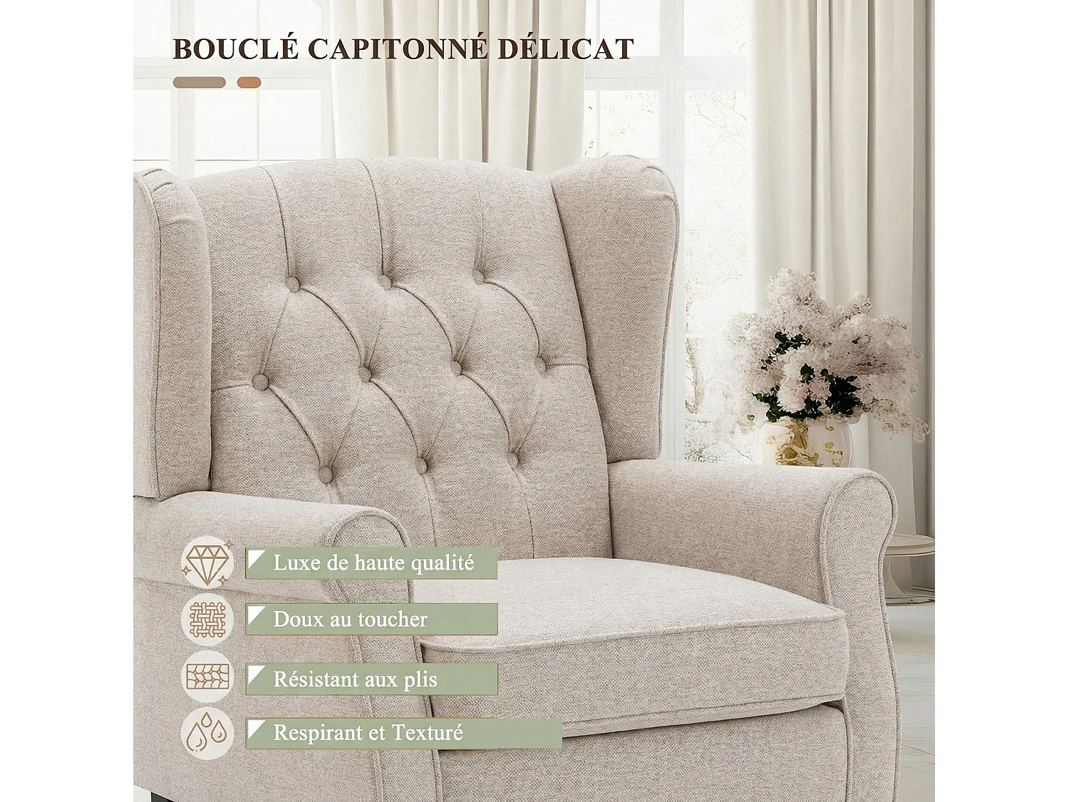 Fauteuil beige avec accoudoirs, fauteuil individuel en tissu, style rétro français, cadre en bois massif