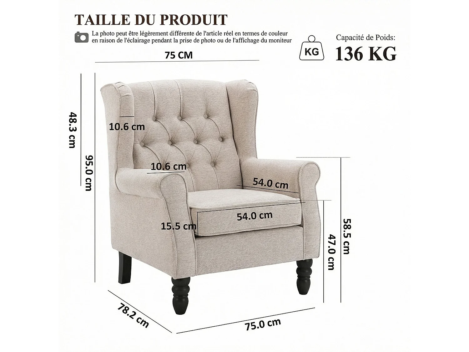 Fauteuil beige avec accoudoirs, fauteuil individuel en tissu, style rétro français, cadre en bois massif