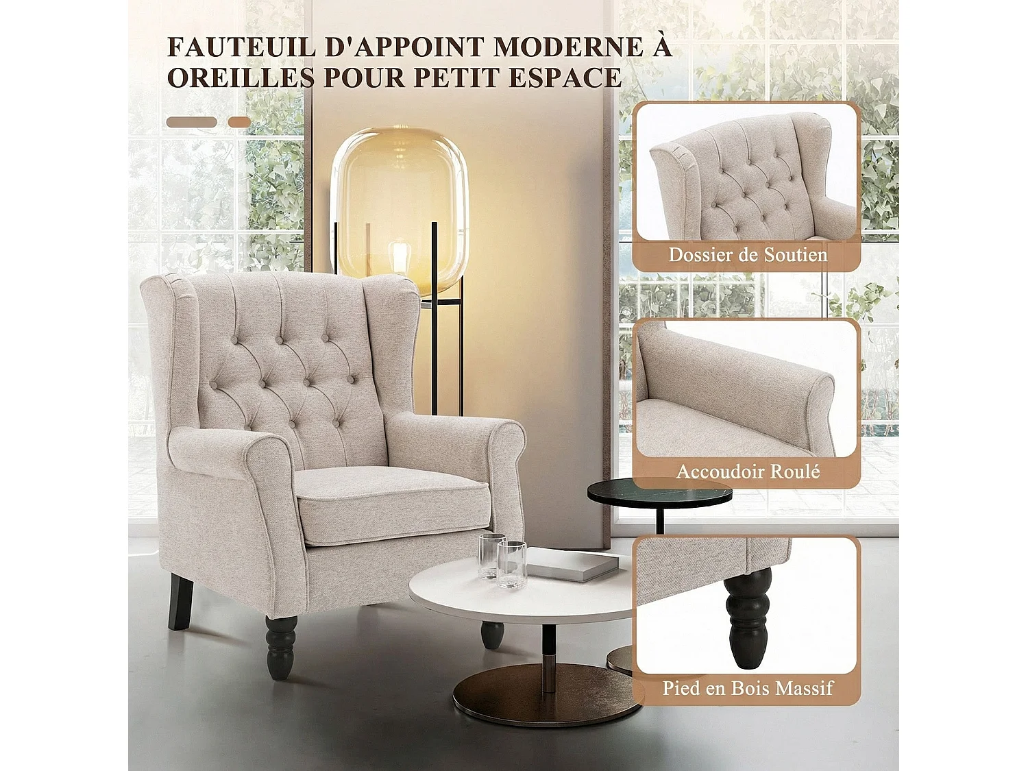 Fauteuil beige avec accoudoirs, fauteuil individuel en tissu, style rétro français, cadre en bois massif