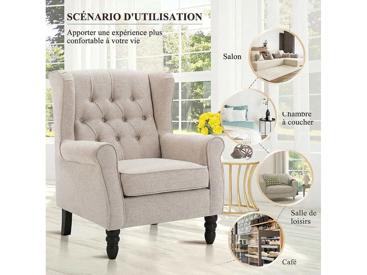 Fauteuil beige avec accoudoirs, fauteuil individuel en tissu, style rétro français, cadre en bois massif