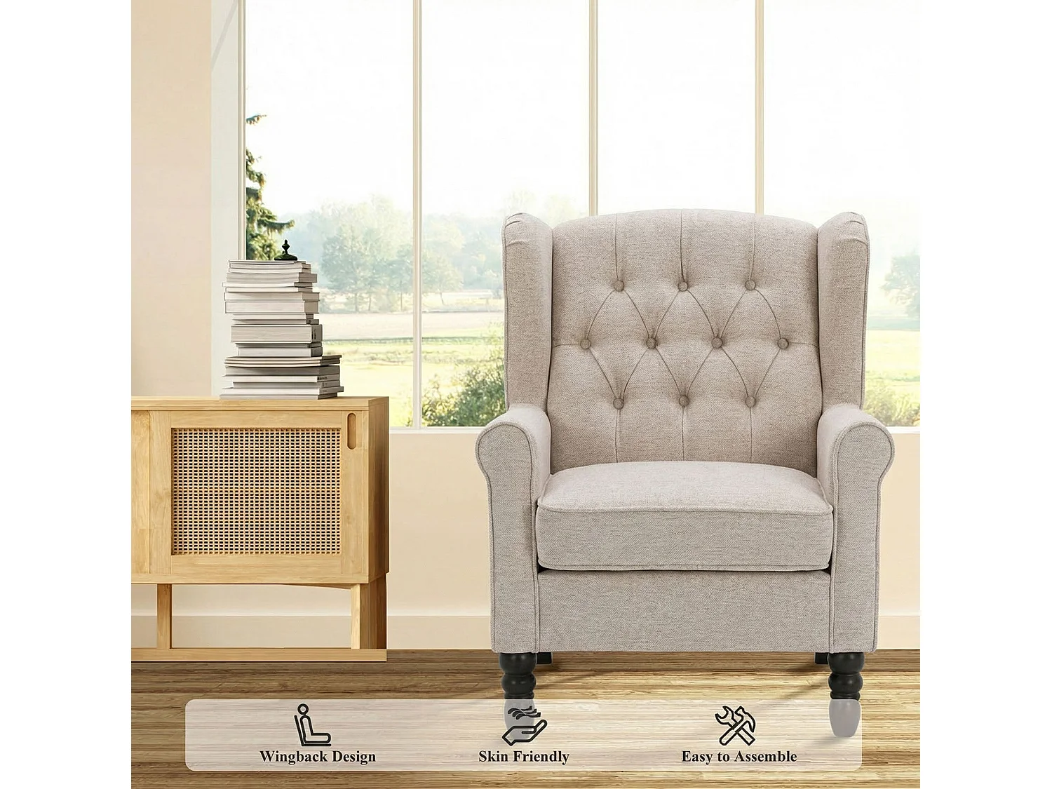 Fauteuil beige avec accoudoirs, fauteuil individuel en tissu, style rétro français, cadre en bois massif